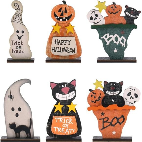 Wooden Halloween Table Top Decorations - 6PCS Retro Halloween - Picture 1 of 7